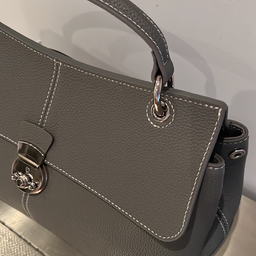 Taupe Grey Real Leather Handbag Tote 12”x8.5”x5” with Handle and Shoulder Strap - Picture 3 of 10